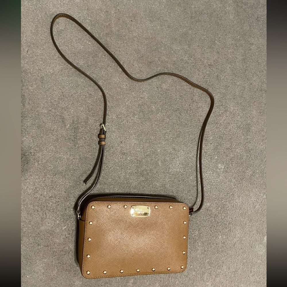 Authentic Michael Kors Brown Saffiano Leather Studded Crossbody Shoulder Bag